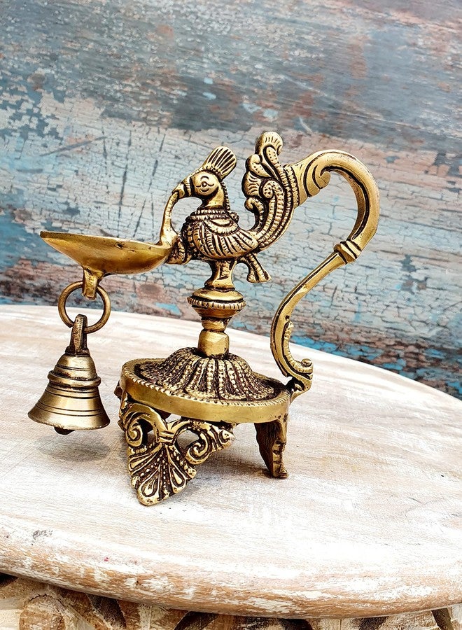 Mohan Jodero Peacock Deepak/Diya with Bell Antique Home Decorative for Temple & Festival - Image 3